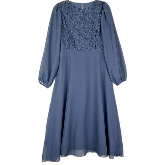 JJ's House Cascading Ruffles Scoop A line Chiffon Lace Midi Dress Medium NEW - Picture 2 of 10